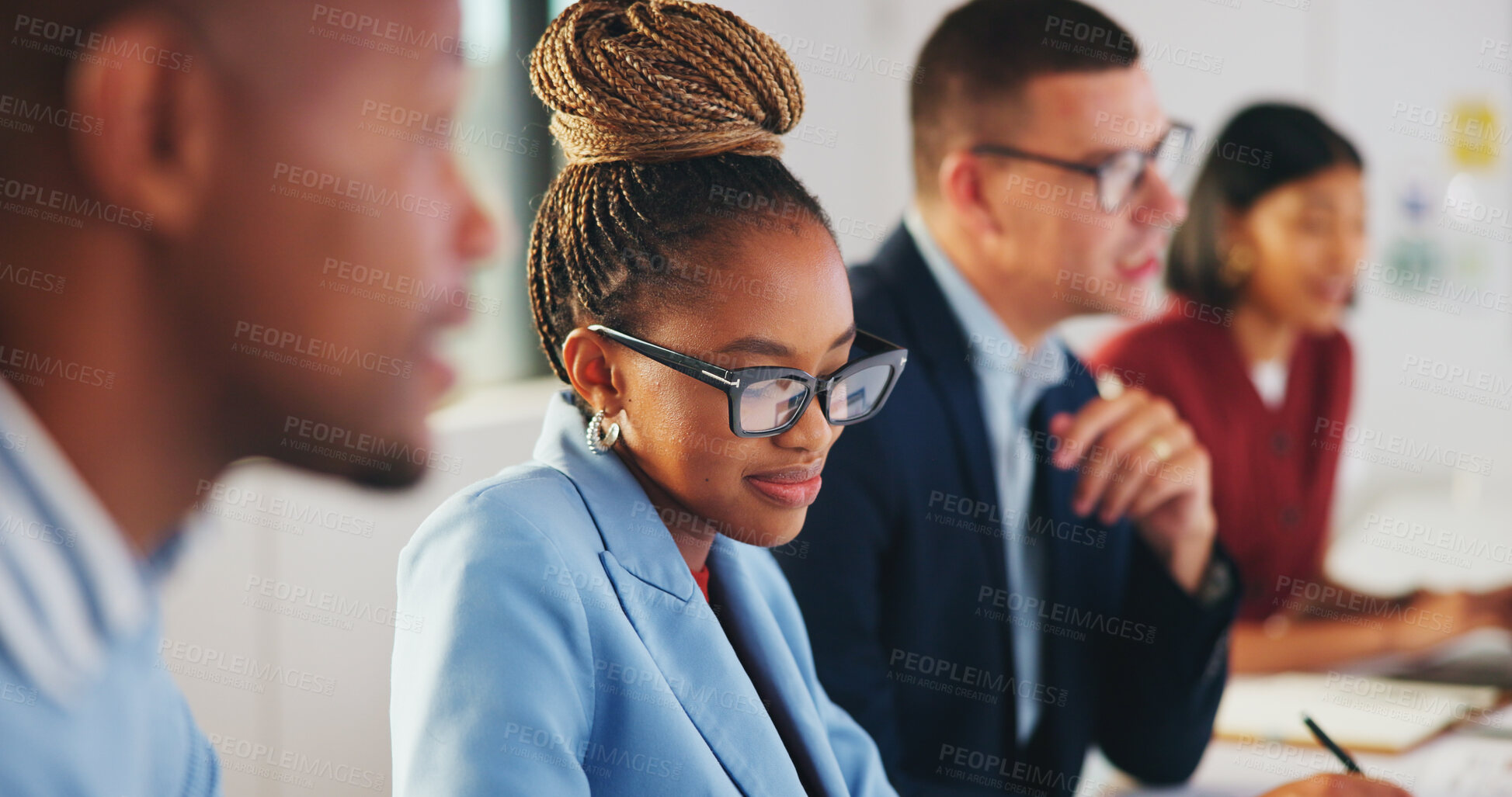 Buy stock photo Meeting, business or woman with smile in office, corporate training or learning in insurance agency. Sales workshop, agent or team with customer objection education, pitch mastery or upskill seminar