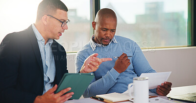 Buy stock photo Tablet, document and business men in office meeting, financial discussion and advice for tax review. Tech, paperwork and team planning in company for bookkeeping records, budget update or insight