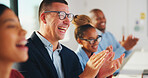 Happy, businessman and applause in office with meeting, company success or achievement for sales goals. Person, team and clapping in workplace with smile, celebration or profit from revenue increase.