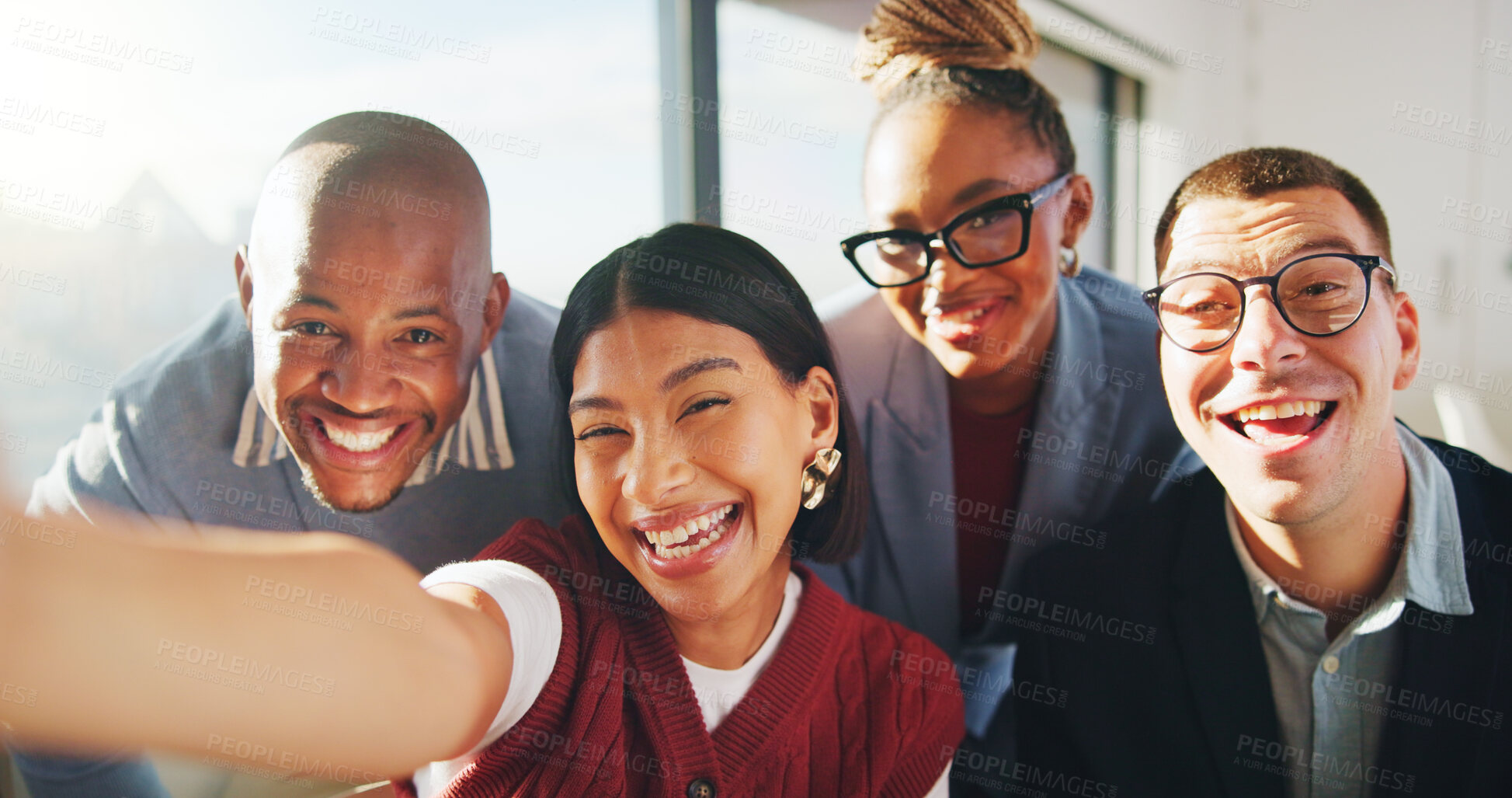 Buy stock photo Portrait, business people or team with selfie in office, social media post or smile for company site. Photography, workplace friends or happy staff with picture for online platform, pov or bonding