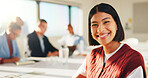 Leader, portrait and woman with smile in boardroom, copywriting and pride for creative career growth. Happy, copywriter and person with colleagues in business meeting, confident and collaboration