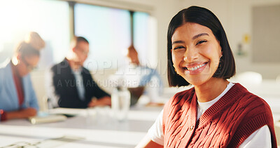 Buy stock photo Leader, portrait and woman with smile in boardroom, copywriting and pride for creative career growth. Happy, copywriter and person with colleagues in business meeting, confident and collaboration