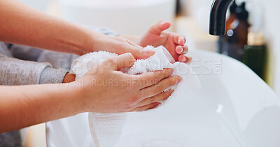 Buy stock photo Parent, child and cloth in bathroom for washing hands, cleaning and teaching hygiene in home. Family wellness, helping kid and sanitation at basin for learning, guidance or germ prevention with towel
