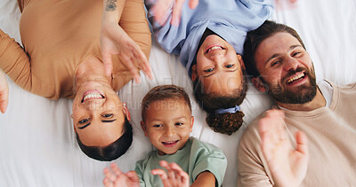 Buy stock photo Portrait, relax and smile with family on bed in home for bonding or weekend from above. Affection, morning or wave with father, happy children and mother in apartment for safety, security or trust
