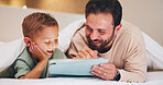 Laugh, tablet and father with child in bedroom to relax together, watch cartoon or online show. Tech, happy boy and dad in bed at family home for bonding, comedy movie or streaming with funny parent