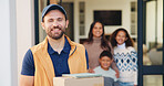Family, delivery and portrait with box of happy man for courier service, logistics or supply chain. Male person, transportation with smile with parcel or package for door carrier in home entrance