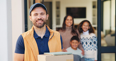 Buy stock photo Family, delivery and portrait with box of happy man for courier service, logistics or supply chain. Male person, transportation with smile with parcel or package for door carrier in home entrance