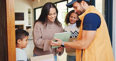 Buy stock photo Delivery, family and man in home with tablet, friendly service or digital signature for confirmation. Mom, kids and courier guy with tech for parcel drop off, enter details or logistics at front door