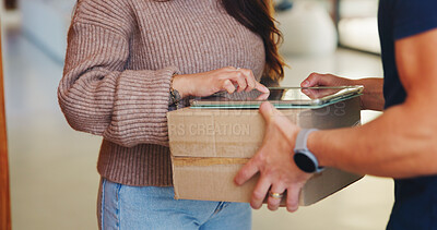 Buy stock photo Logistics, hands and tablet in home for delivery, customer service and digital signature for box. Courier guy, woman and tech at house for ecommerce, shipping and package for small business support