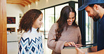 Courier, family or man in home with tablet, friendly service or digital signature for confirmation. Mom, daughter or delivery guy with tech for parcel drop off, enter details or package at front door