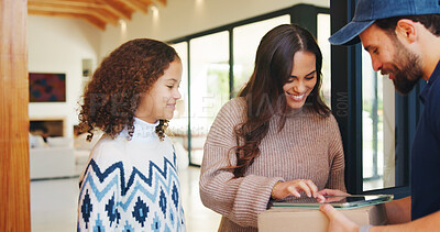 Buy stock photo Courier, family or man in home with tablet, friendly service or digital signature for confirmation. Mom, daughter or delivery guy with tech for parcel drop off, enter details or package at front door