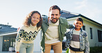 Hug, portrait and smile of father with kids outdoor in yard of new home for property investment. Bonding, family or mortgage with dad embracing daughter and son for real estate growth or purchase