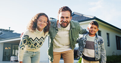 Buy stock photo Hug, portrait and smile of father with kids outdoor in yard of new home for property investment. Bonding, family or mortgage with dad embracing daughter and son for real estate growth or purchase
