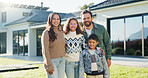 Portrait, parents and children in backyard with new home, smile or bonding for real estate purchase. Outdoor, mother and father moving in dream house with kids, property investment or family together