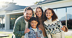 Portrait, parents and kids in backyard with new home, smile and family bonding for real estate purchase. Outdoor, mother and father moving in dream house with children, support or property investment