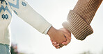 Love, mother or child outdoor with holding hands, bonding together or support in childcare. Space, back or family with trust, healthy relationship or parent connection for childhood development.