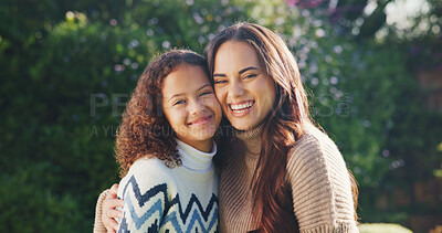 Buy stock photo Love, mother or child in park with portrait, bonding together or family hug in childcare. Space, mom or girl outdoor with embrace, healthy relationship or happy connection for childhood development.
