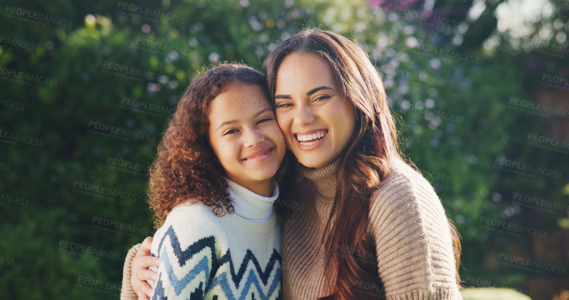 Buy stock photo Love, mother or child in park with portrait, bonding together or family hug in childcare. Space, mom or girl outdoor with embrace, healthy relationship or happy connection for childhood development.