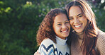 Love, mother or girl in park with portrait, bonding together or family embrace in childcare. Space, parent or kid outdoor with hug, healthy relationship or happy connection for childhood development.