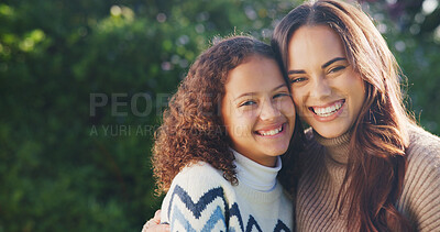 Buy stock photo Love, mother or girl in park with portrait, bonding together or family embrace in childcare. Space, parent or kid outdoor with hug, healthy relationship or happy connection for childhood development.