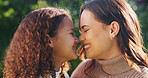 Trust, mother or daughter outdoor with smile, bonding together or family embrace in childcare. Happy, mom or child with bokeh, healthy relationship or parent connection for childhood development.