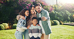 Outdoor, parents or children with hug for selfie, weekend outing or tongue out for social media post. Space, happy people and kids with funny face for profile picture, embrace and memory of bonding