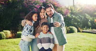 Buy stock photo Outdoor, parents or children with hug for selfie, weekend outing or tongue out for social media post. Space, happy people and kids with funny face for profile picture, embrace and memory of bonding