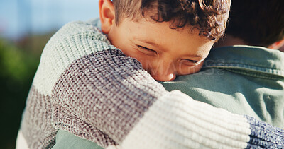 Buy stock photo Child, excited and outdoor with parent for hug, greeting and love connection with support. Care, kid and dad in nature for embrace, relationship development and trust with appreciation on fathers day