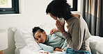 Bedroom, phone call and sick girl with mother in home together for healing, recovery or support. Communication, fever and temperature of daughter with single parent woman in bedroom for healthcare