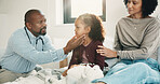 Mother, doctor and checkup with kid in bedroom for neck assessment, check thyroid or lymph node. Woman, pediatric consultation and child with sore throat, swollen glands and medical diagnosis in home