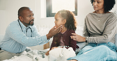 Buy stock photo Mother, doctor and checkup with kid in bedroom for neck assessment, check thyroid or lymph node. Woman, pediatric consultation and child with sore throat, swollen glands and medical diagnosis in home