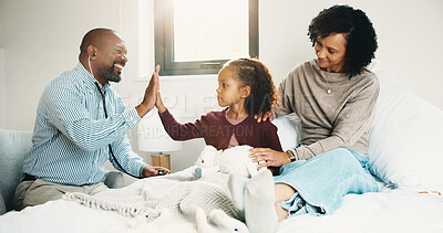 Buy stock photo High five, doctor and child in bedroom with mother for healthcare, well done and recovery support. Mom, girl and visit with pediatrician at home, smile and gesture for medical wellness with checkup
