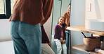 Hair care, mother and girl with mirror in bathroom, grooming help and support for morning routine. Refection, love and happy woman with child for getting ready, hairstyle and bonding in family home