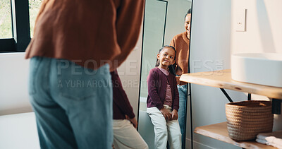 Buy stock photo Hair care, mother and girl with mirror in bathroom, grooming help and support for morning routine. Refection, love and happy woman with child for getting ready, hairstyle and bonding in family home