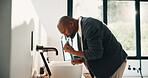 Morning, man and brushing teeth in bathroom with hygiene, dental health and routine for wellness. Mature, black person and toothbrush in home with oral care, habits and clean mouth for fresh breath.