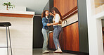 Mother, daughter and happy for dancing in home with connection, love and care. Wellness, energy and jazz with woman and girl child in family house for motion, holding hands or fun on weekend