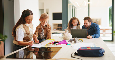 Buy stock photo Homework, help or children in kitchen with parents, support or knowledge in homeschool activity. Childcare, education and family in house with tech, guidance or bonding together in distance learning.