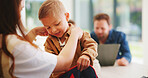 Child, home and getting ready for preschool with mom, education and help son with clothes or bonding. Woman, childcare and boy with backpack for daycare, development and morning routine in house