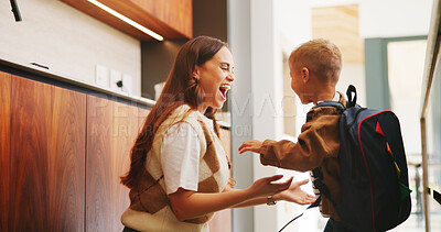 Buy stock photo Mom, boy and motivation with backpack in kitchen with support, happy and back to school in home. People, mother and child with smile, excited or ready for learning with bag in morning at family house