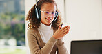 Girl, laptop and headphones with e learning in home with smile, glasses and attention for online course. Child, happy and computer with virtual class, discussion and video with education at house