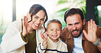Wave, video call and portrait of family in home with contact, communication or bonding online. Happy, greeting and boy child with mother and father with hello on virtual conversation in house.