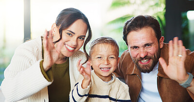 Buy stock photo Wave, video call and portrait of family in home with contact, communication or bonding with pov. Happy, greeting and boy child with mother and father with hello on virtual conversation in house.