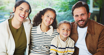 Buy stock photo Pride, parents or children in home with portrait, bonding together or happiness with family time. Smile, people or kids in house with hug, solidarity or healthy connection in loving relationship.