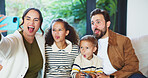 Selfie, home and happy family with silly face for funny picture, capture moment or bonding together. Mom, dad and goofy children with tongue out, humor or comedy for photography or memory in house