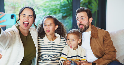 Buy stock photo Selfie, home and happy family with silly face for funny picture, capture moment or bonding together. Mom, dad and goofy children with tongue out, humor or comedy for photography or memory in house