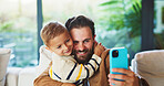 Dad, child and happy family with selfie in home for bonding, memory or capture moment together. Father, kid or hug with son, smile or picture for photography, social media post or love in house