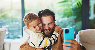 Buy stock photo Dad, child and happy family with selfie in home for bonding, memory or capture moment together. Father, kid or hug with son, smile or picture for photography, social media post or love in house