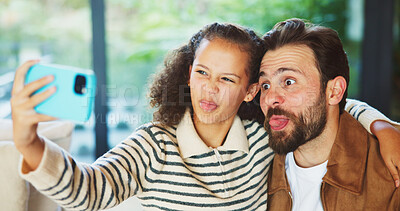 Buy stock photo Dad, child and selfie with silly face in home for bonding, memory or capture moment together. Father, kid or hug with daughter, tongue out or funny picture for photography, comedy or humor in house