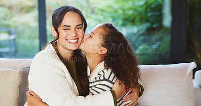 Buy stock photo Mother, daughter and kiss on cheek in family home with connection, love and care. Wellness, portrait and hug with happy woman and girl child in house for safety, security or relax on weekend