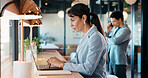 Businesswoman, typing and remote work in cafe with laptop, research or report for HR administration. Contract worker, mature person and human resources job in cafeteria with computer, website or plan
